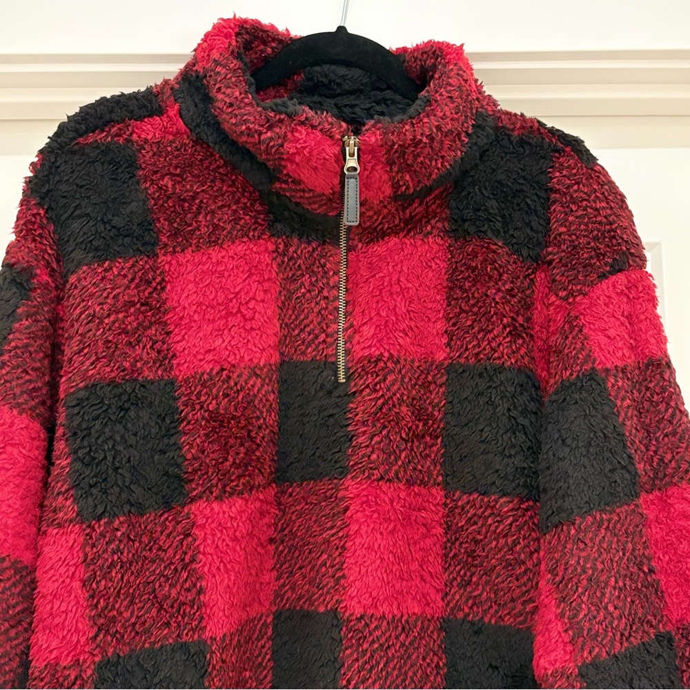 [Love Tree] Buffalo Plaid Sherpa Red/Black 1/4 Zip Pullover Sweater Women’s XL - Picture 4 of 10